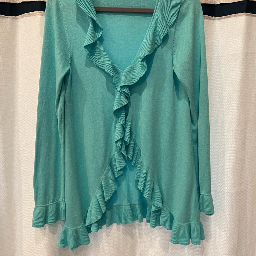 Lilly Pulitzer Aqua Green Flutter Sleeve Ruffled Cardigan